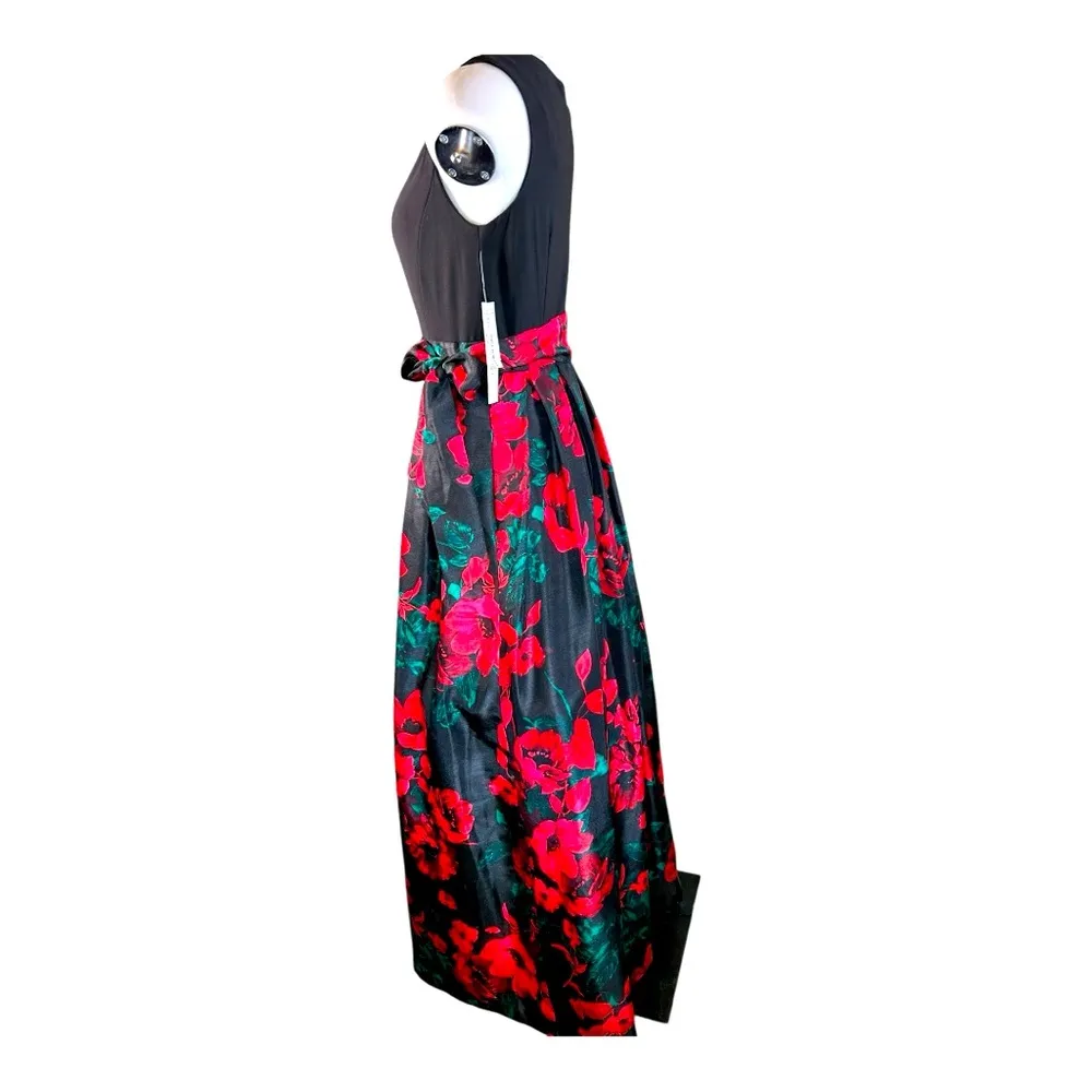 Leslie Fay 
Black Red Floral Print Textured Skirt Long Maxi Dress Waist Tie SZ6 - Image 14