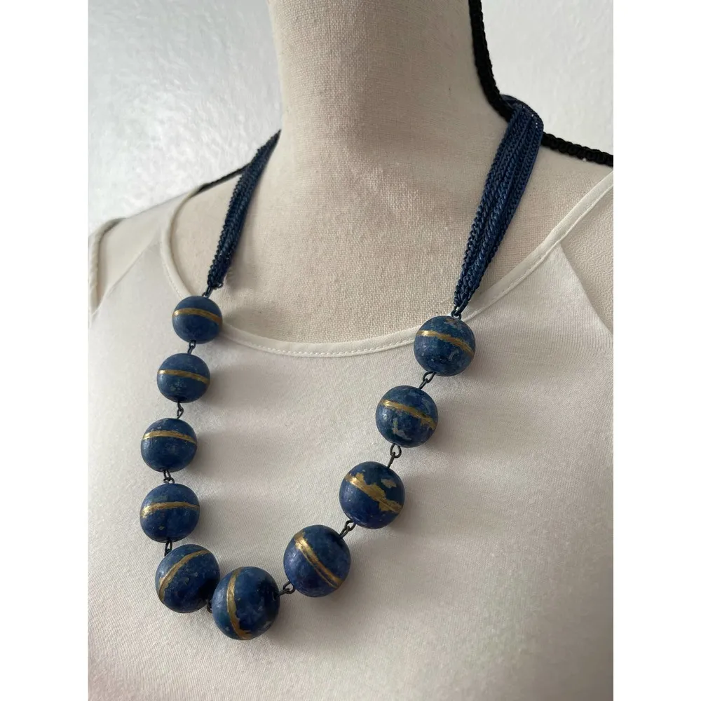 Vintage Blue Beads W Gold Accents and Multi Strand Chain Matinee Necklace GUC Size 18 - Image 2
