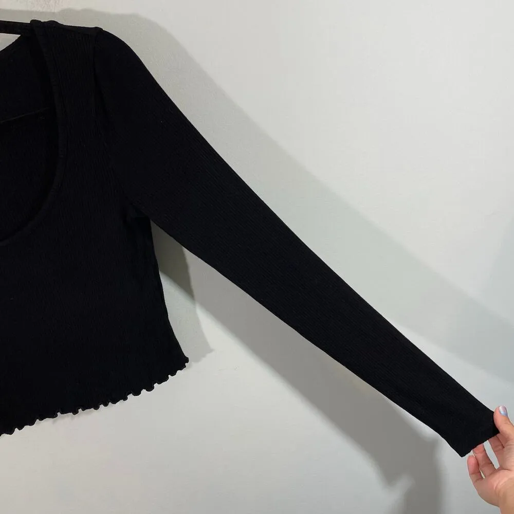 & Other Stories Black Scoop Neck Ruffle Hem Ribbed Long Sleeve Top Size EUR S - Image 7
