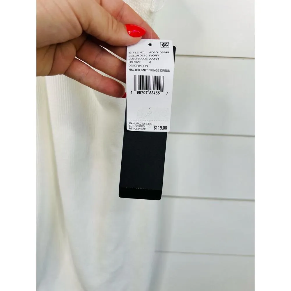 Adrianna Papell White Sleeveless Halter Neck Fringe Trim Dress Bodycon Size US 8 - Image 10