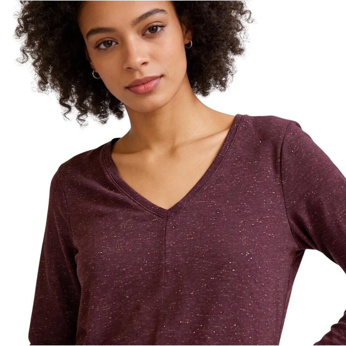 APT 9 Modern Essentials V Neck Tunic Long Sleeve Shirt Burgundy Gold Glitter - Image 2