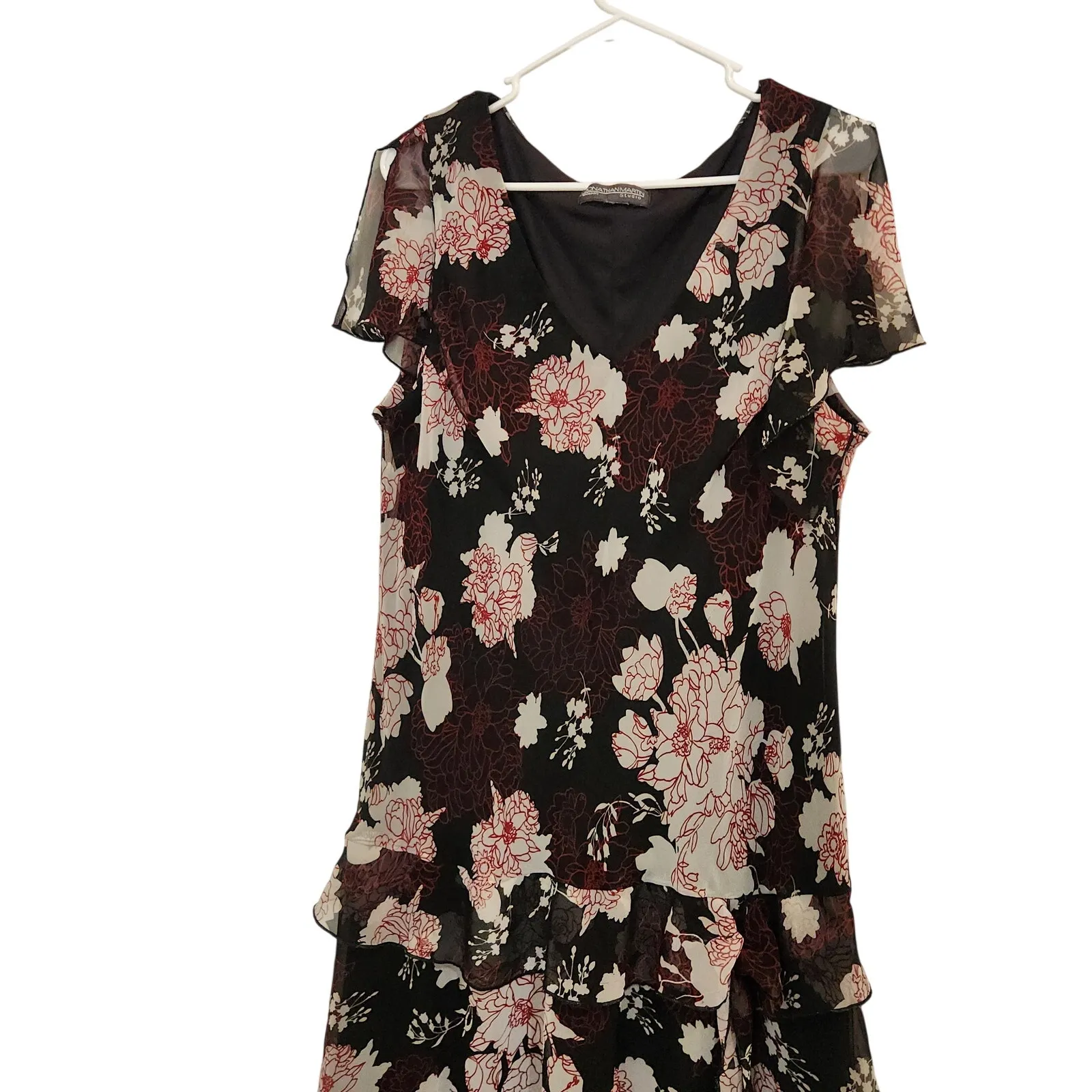 Jonathan Martin Black Floral Ruffled Layered Flutter Sleeve Midi Dress Y2K Large - Image 6