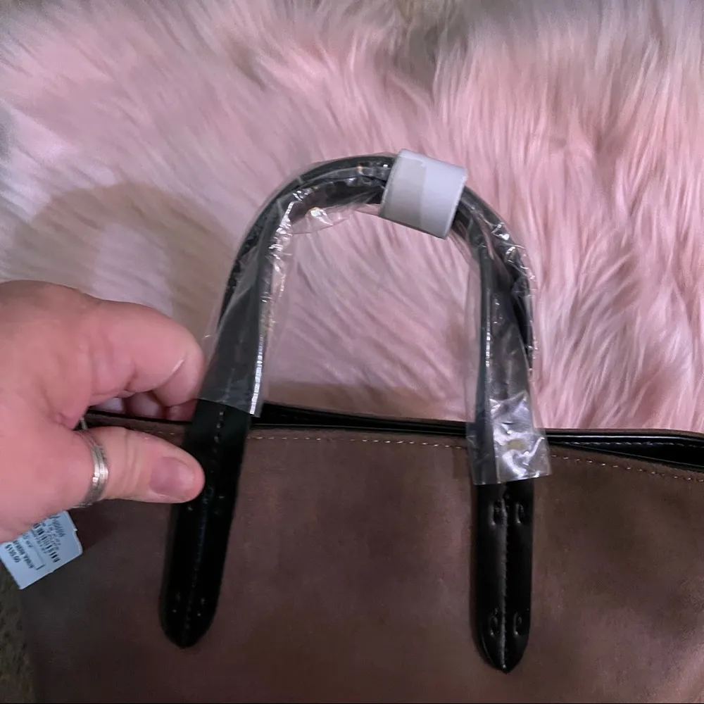 Neiman Marcus Mini Faux Suede Taupe Crossbody Tote Bag - Image 12