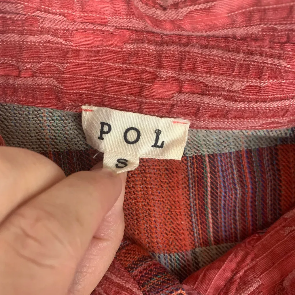 POL  size small  oversized patchwork button up shirt boho Red Gray Shirt - Image 3