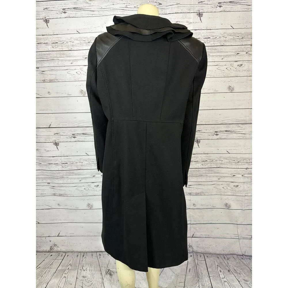 Elie Tahari 100% Wool Black Fitted Layered Leather Ruffle Collar Coat size XL - Image 7