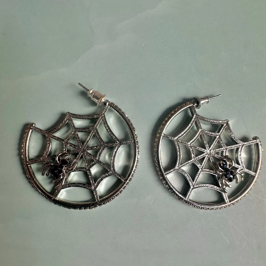 Spiderweb Hoop Earrings with Black Rhinestone Spiders Silver - Image 7