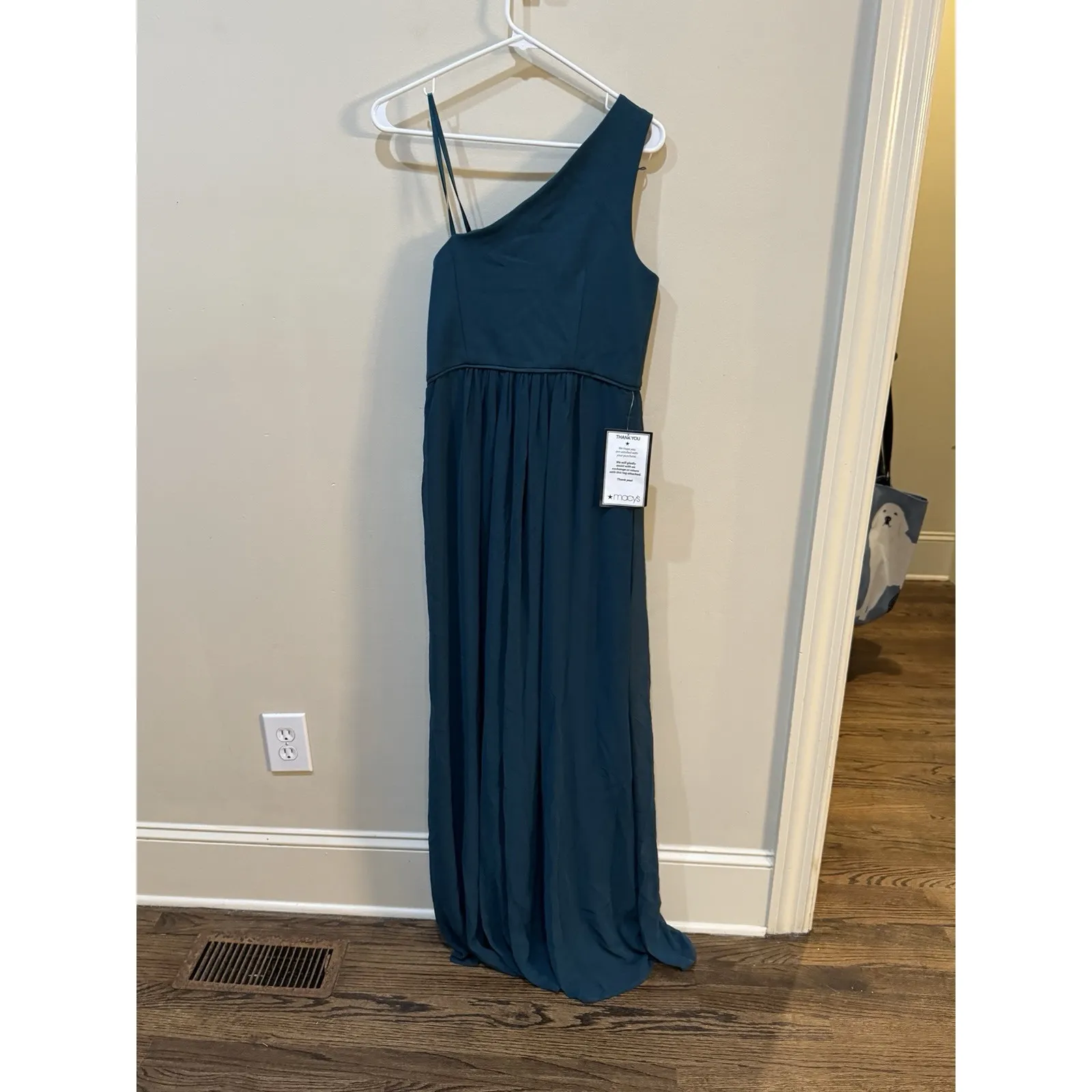 Adrianna Papell One‎ Shoulder Chiffon Long Gown Hunter Size 8 Formal Wedding - Image 4