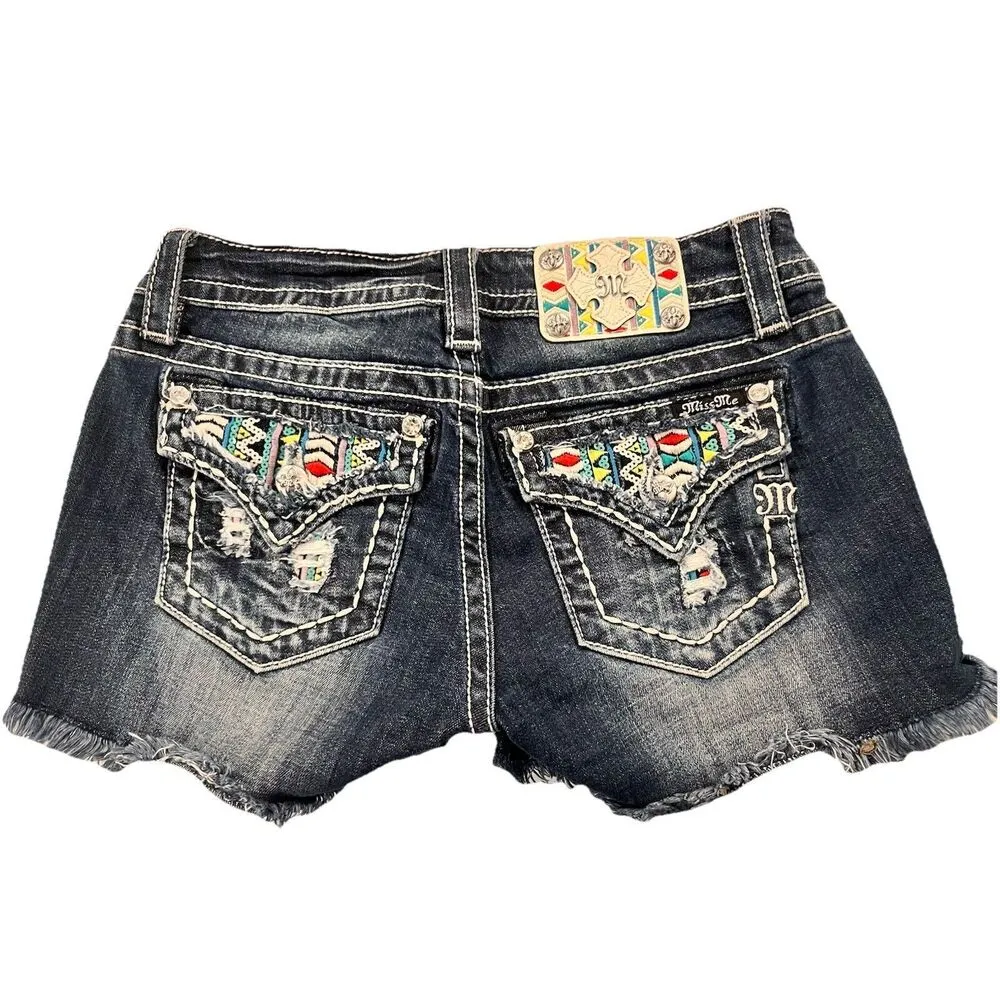 Miss Me Womens Denim Cut Off Shorts Aztec Embellished Sequin Embroidered Size 27 - Image 3