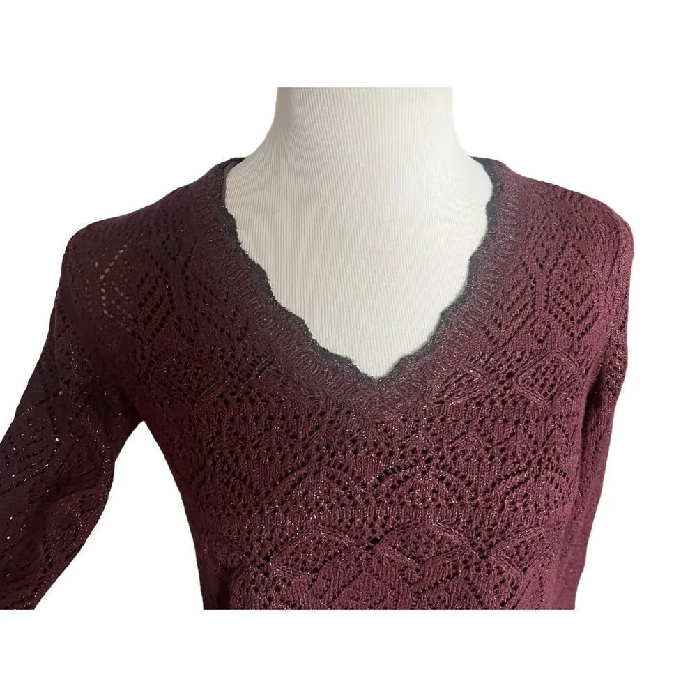 Womens Nic + Zoe Shine-On Shine On Lace Knit Sweater Winterberry Burgundy  PP XS - Image 3