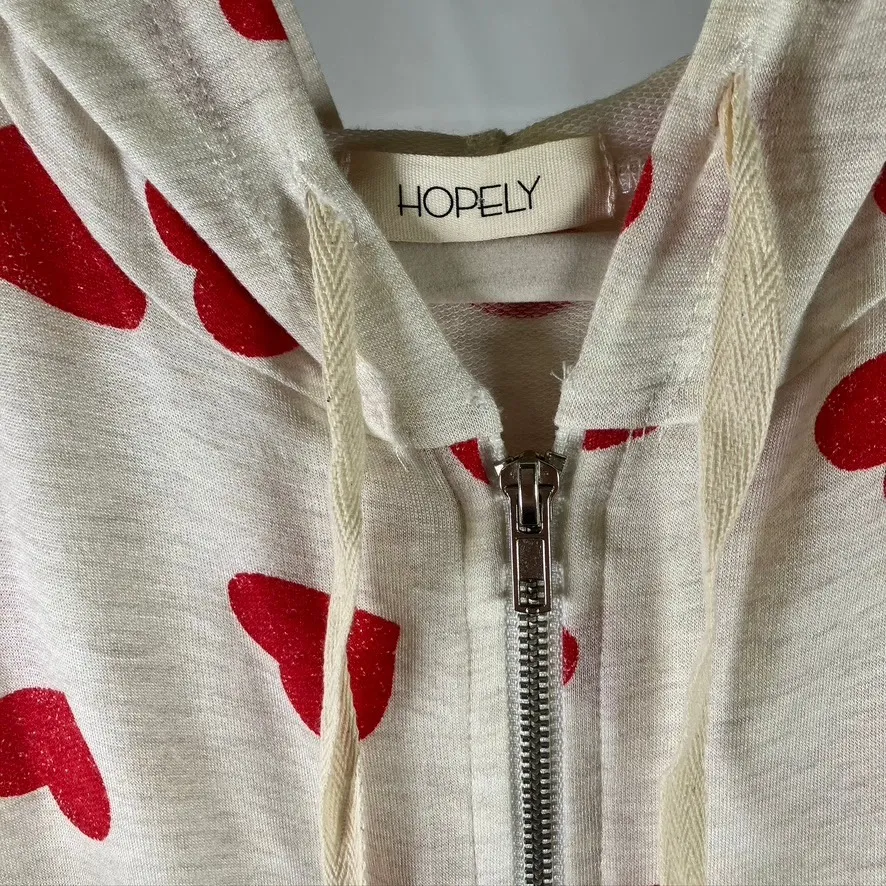 Hopely Women's Large Short Sleeve Zip Up Hoodie Cream Red Hearts Ruffle Hem - Image 3