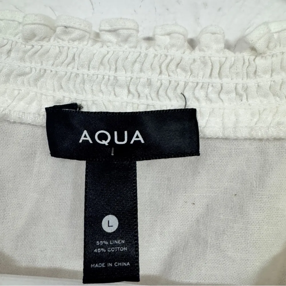 Aqua White Smocked Ruffled Tiered Mini Dress Womens L Cottage Core Beachy Linen - Image 2