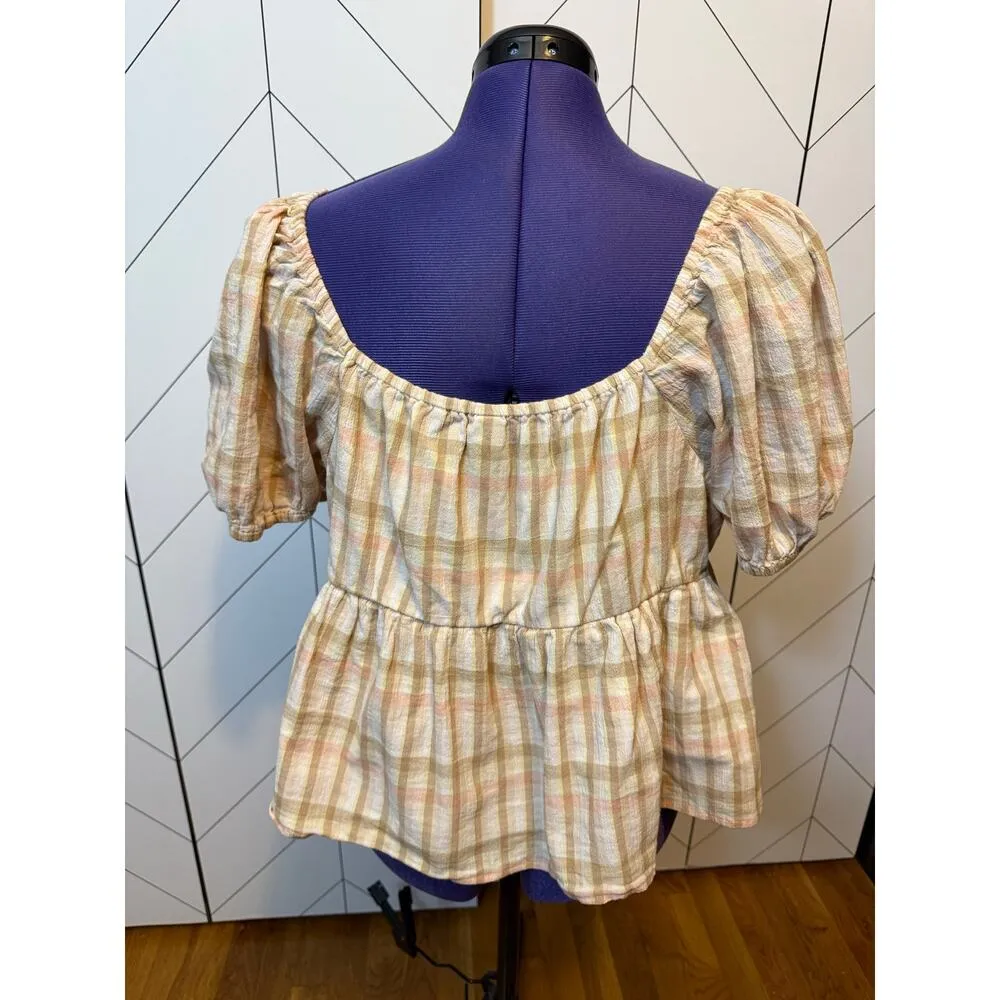 BP Women’s Plus 1X Brown Pink Plaid Puff Sleeve Peplum Top Cotttagecore Prairie - Image 3