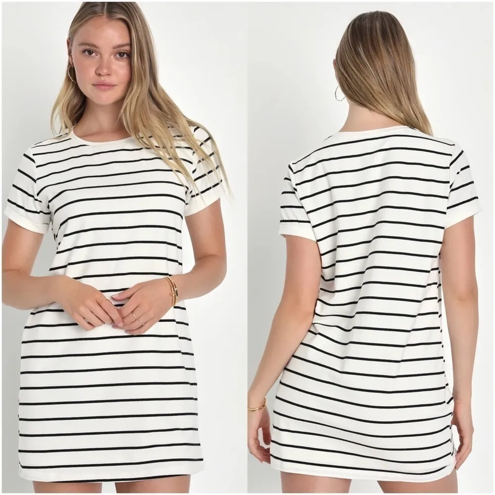 LULU’S Cafe Society Black And Cream Striped Shirt Dress - Image 2