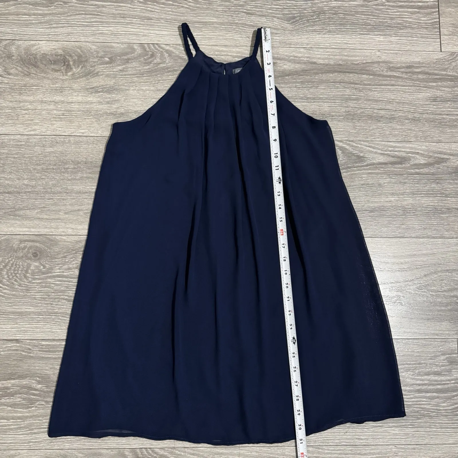 Soprano Navy Blue Chiffon Halter Neck Pleated Sheer Lined Mini Dress Size XS USA - Image 8