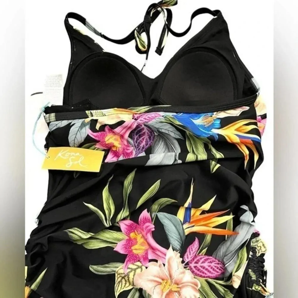 Kona Sol Women's Halter Cinch Side Tankini -‎ Black Tropical Size S - Image 7