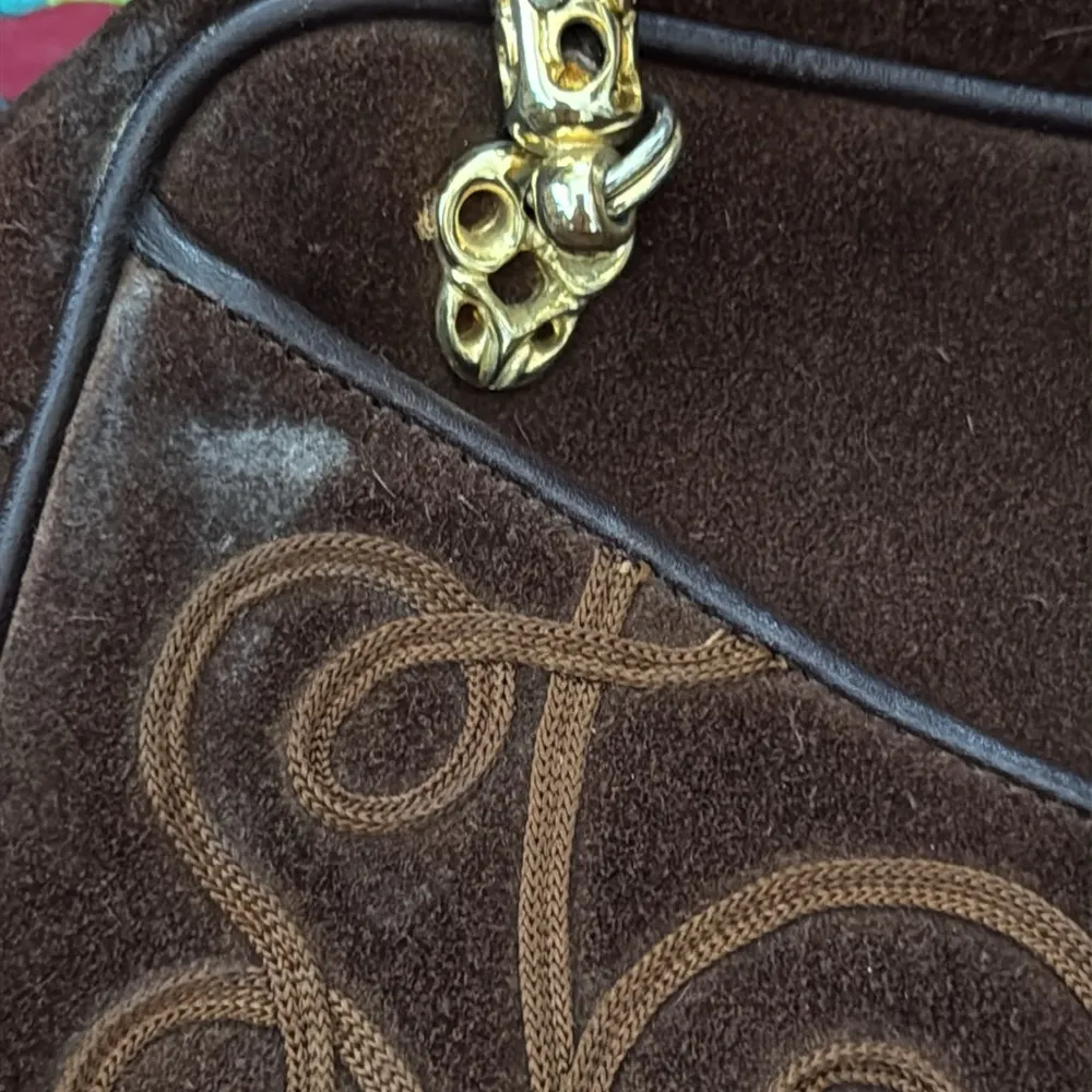 Vintage Yenko Italy Brown Suede Embroidered Top Zip Crossbody Bag Purse - Image 8