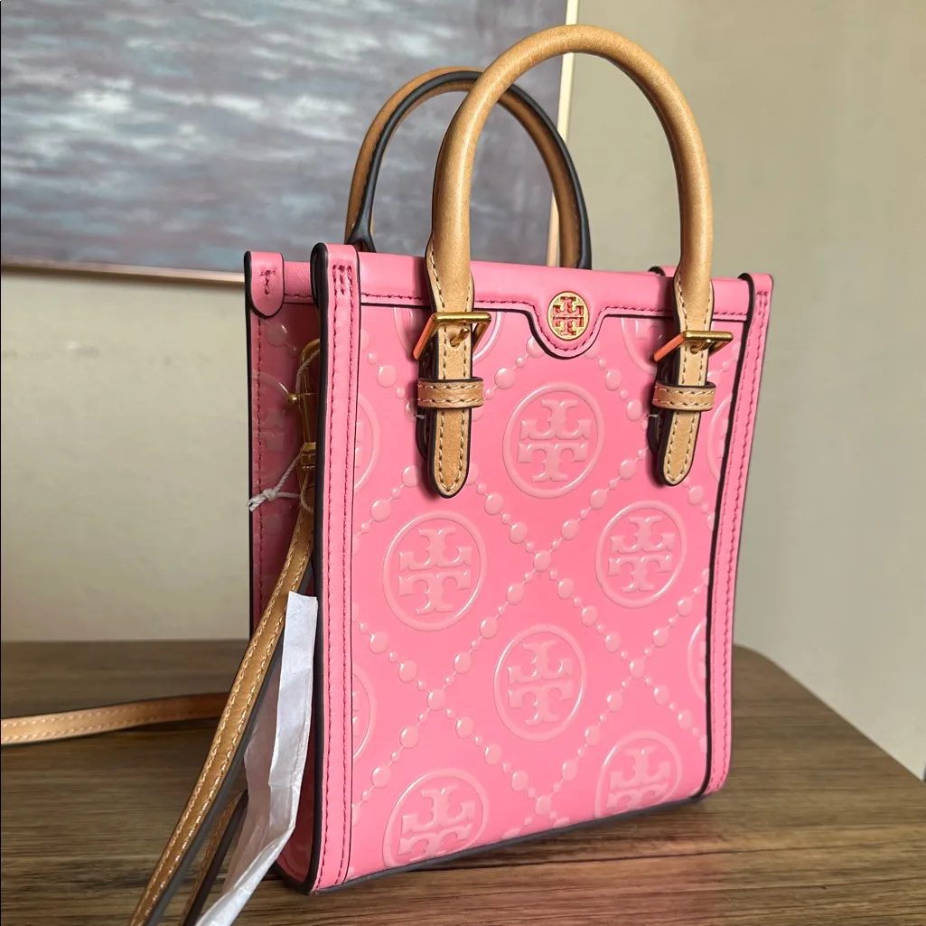RARE Tory Burch Mini T Monogram Embossed Leather Bag Tote Crossbody Pink - Image 3