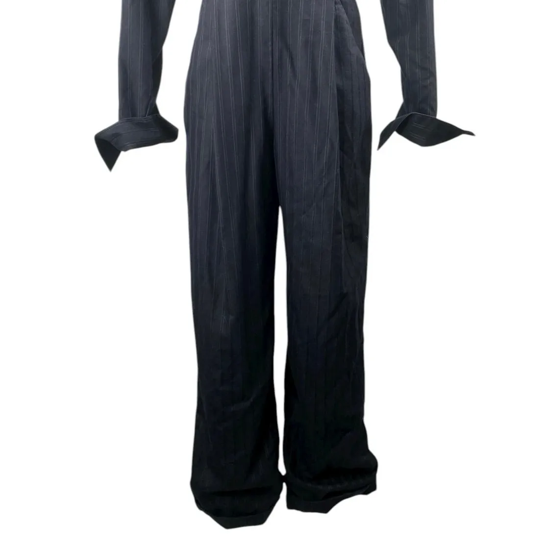 Women's Navy Blue Pinstriped Collared Long Sleeve Wide Leg Blazer Jumpsuit Sz M Size M - Image 4