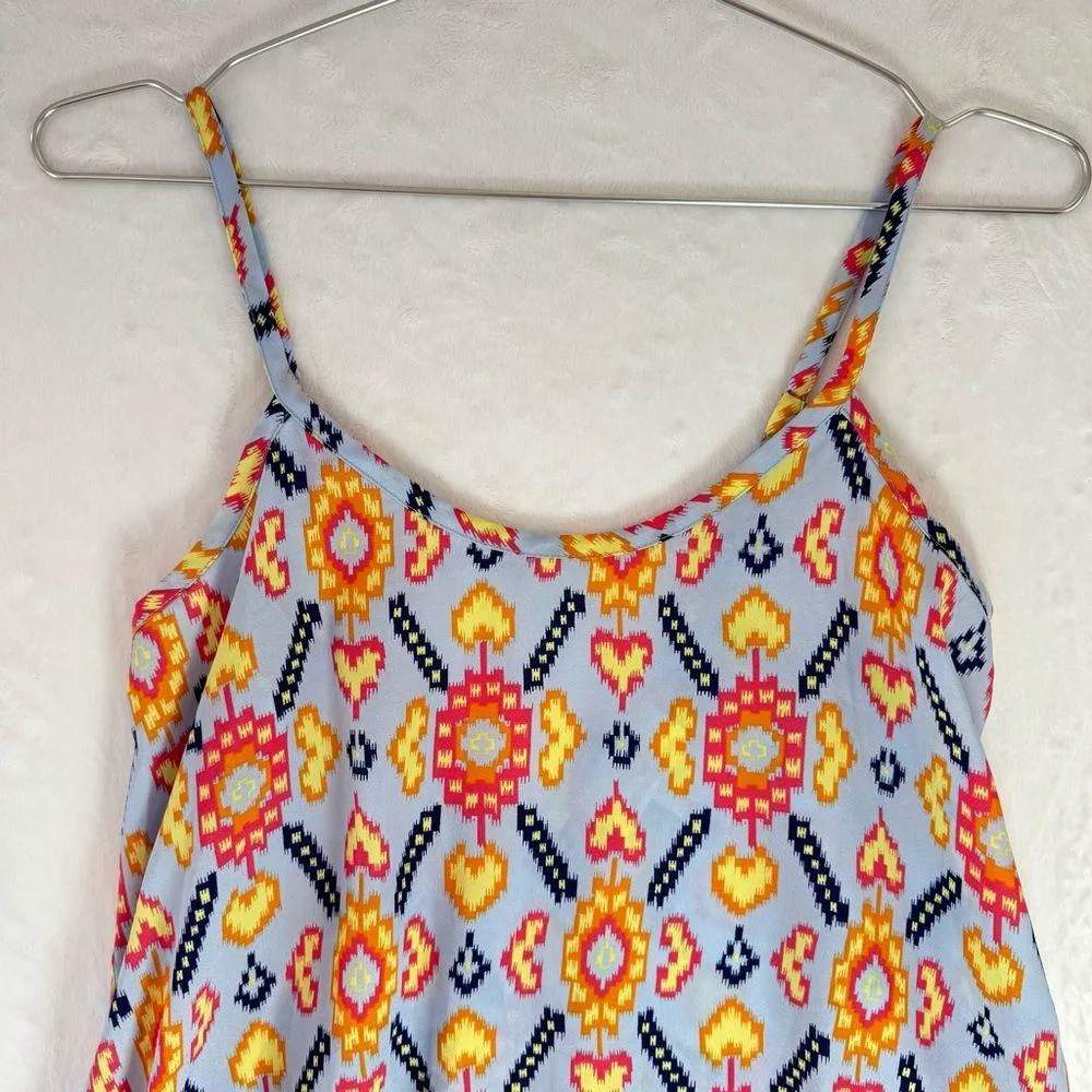 Flowy Geo Ikat Print Slip Camisole Top Asymmetric Hem Spaghetti Straps Boho - Image 2