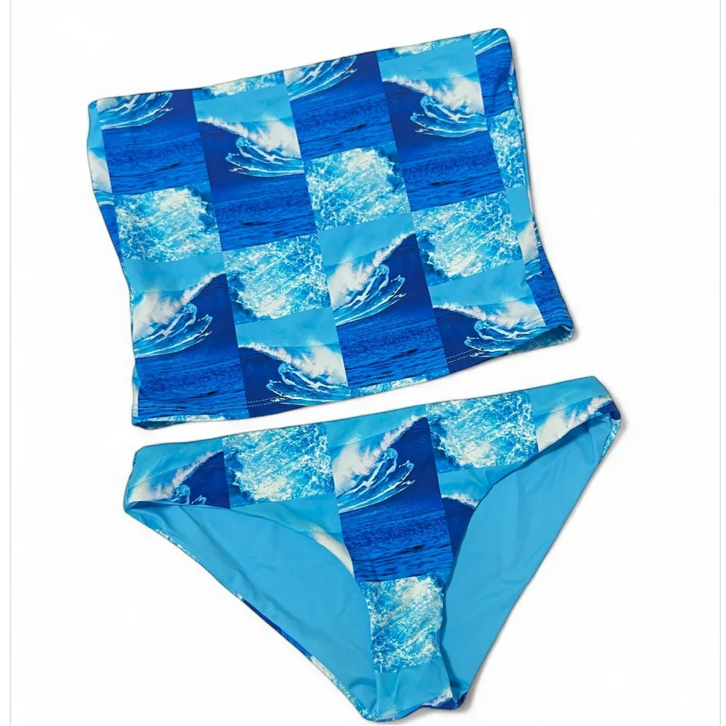 3 Piece Frankies Bikinis Waves Print  Blue Sz M - Image 7