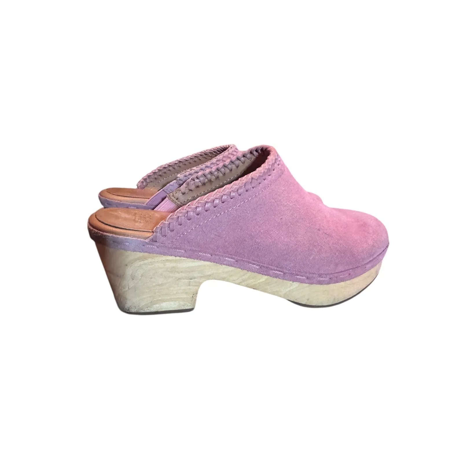 Frye & Co. Mauve Suede Clog Heels Platform Wooden Sole Braided Detail Shoes - Image 5