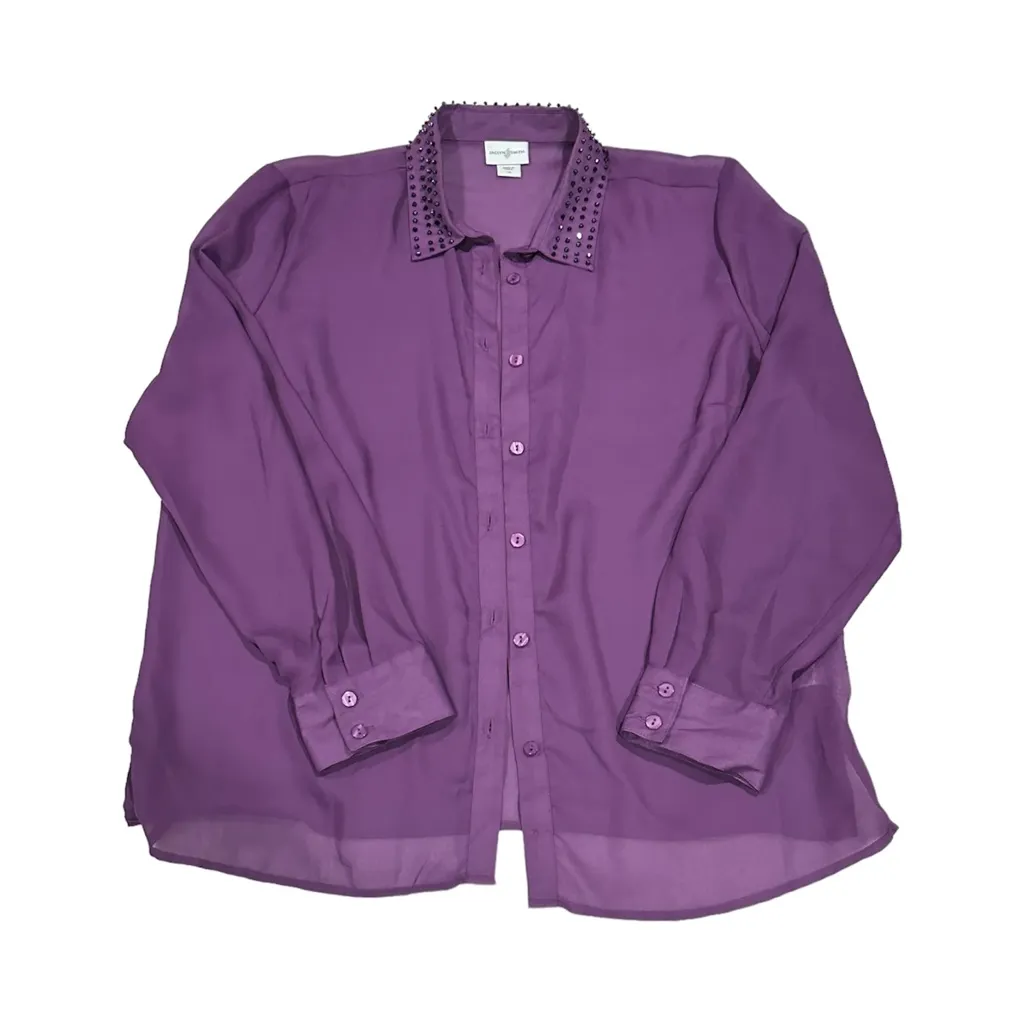 Jaclyn Smith Women's Large Purple Button-Up Long Sleeve Blouse w/Studded Collar - Image 6
