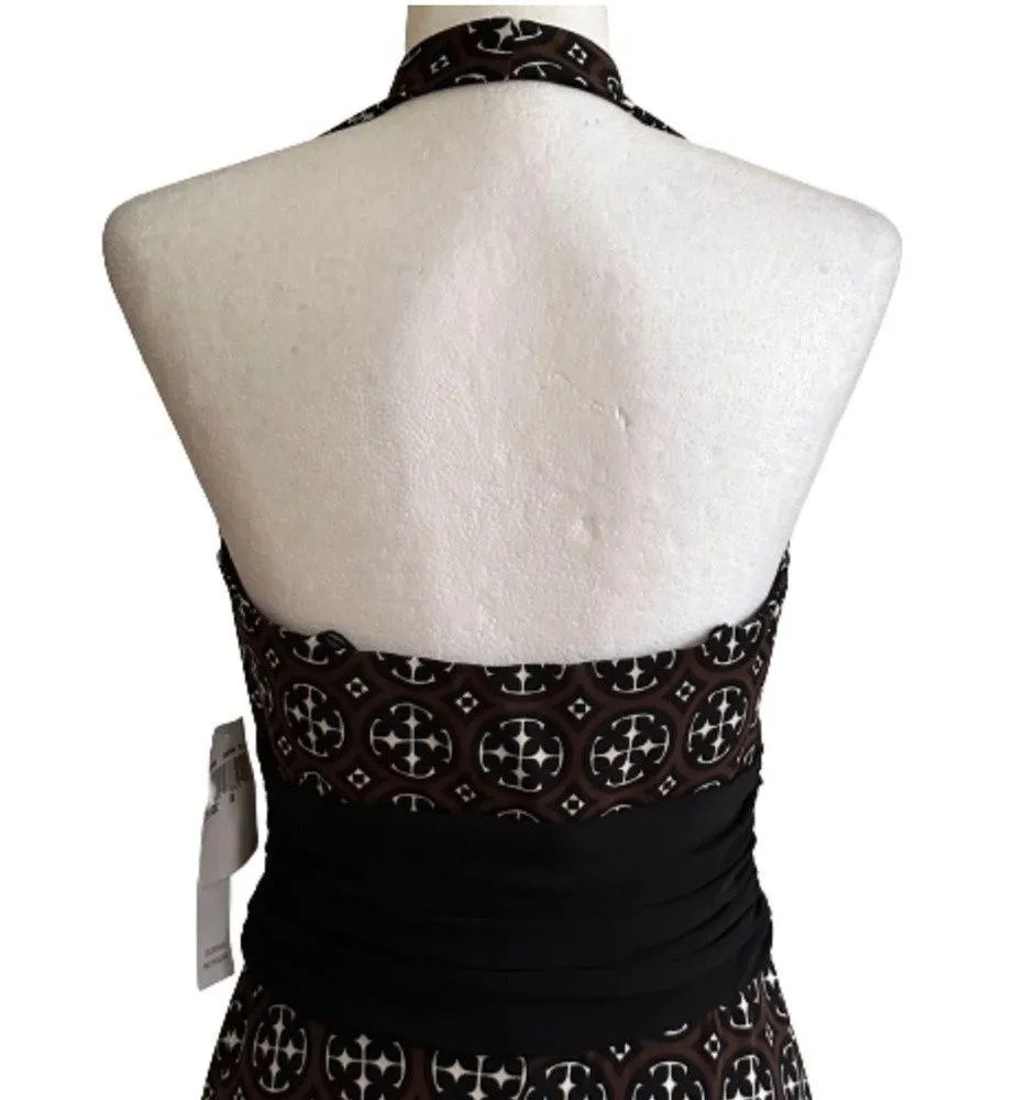 Donna Morgan Dress Halter Brown Black White Print Ruched Waist Dress Size 8 NEW - Image 6