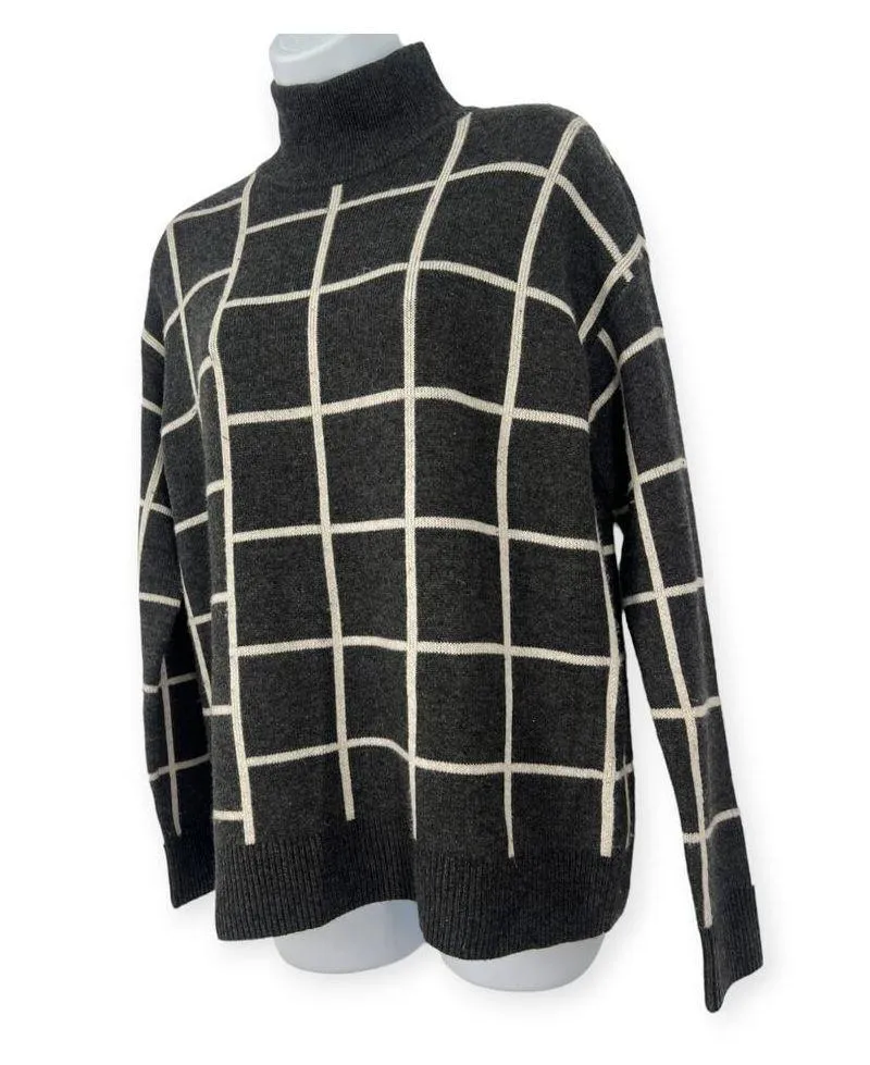 Saks Fifth Ave XS Wool Cashmere Mock Neck Grid Windowpane Pullover Knit Sweater - Image 2