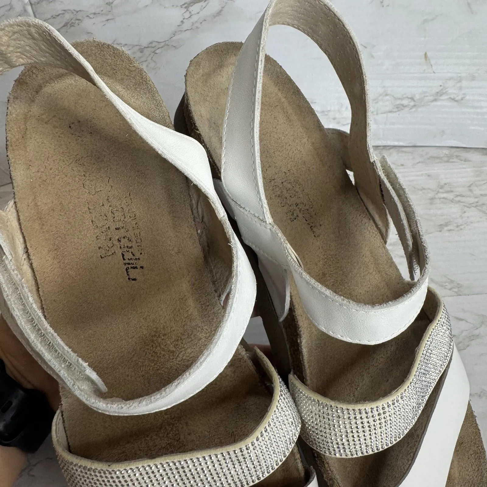 Naot krista Shoes Womens Size 9.5 Wedge Sandals Rhinestone Strap Comfort Leather White - Image 11