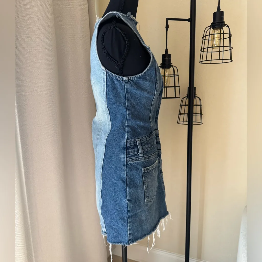 Zara Trendy Distressed Denim Mini Dress Front Zip Sleeveless Bodycon XS - Image 4