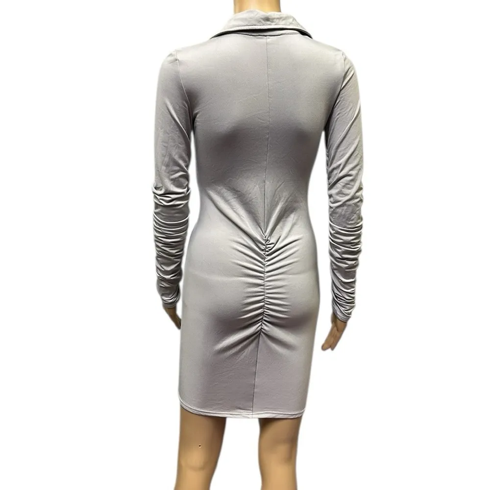 Gray Long Sleeve Ruched Full Button Up Pointy Collar Mini Dress Womens Small - Image 5