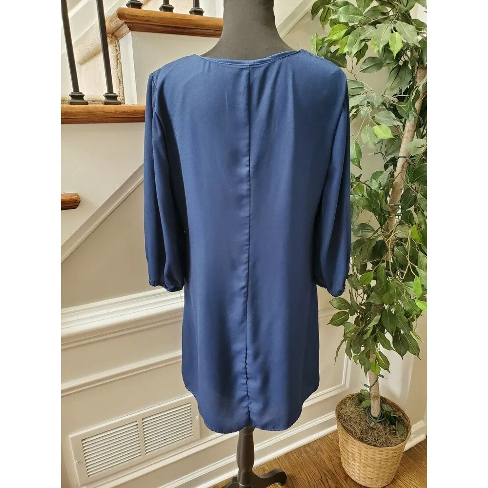 As U Wish Women Blue 100% Polyester V-Neck Long Sleeve Knee Length Dress Size L - Image 8