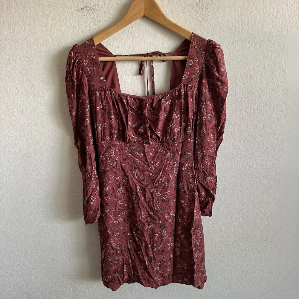 SADIE & SAGE Floral Burgundy Rust Long Sleeve Bodycon Mini Dress Womens Medium Red - Image 3