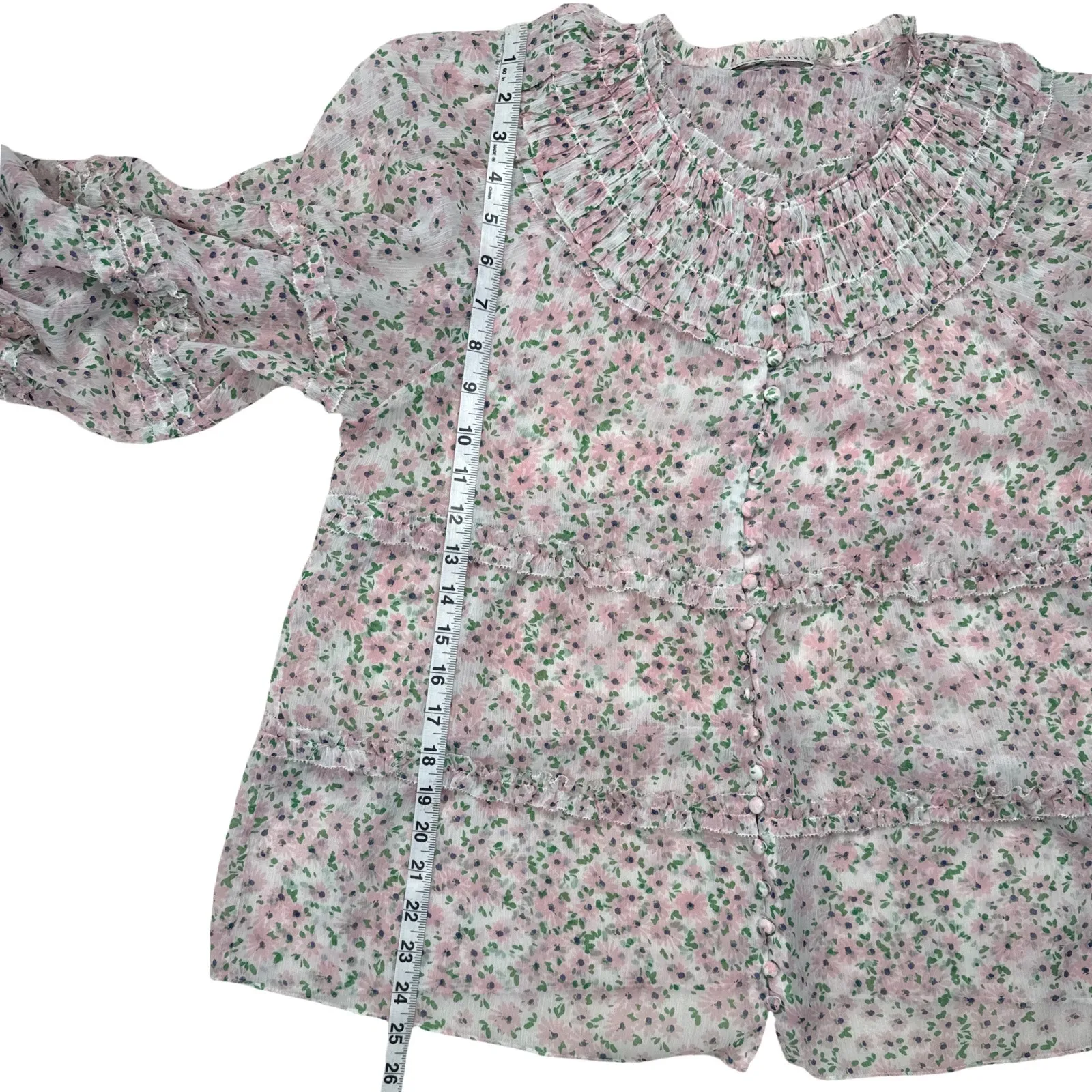Alice + Olivia Margery Ruffle Tiered Floral Blouse Pink Green Size Large - Image 11