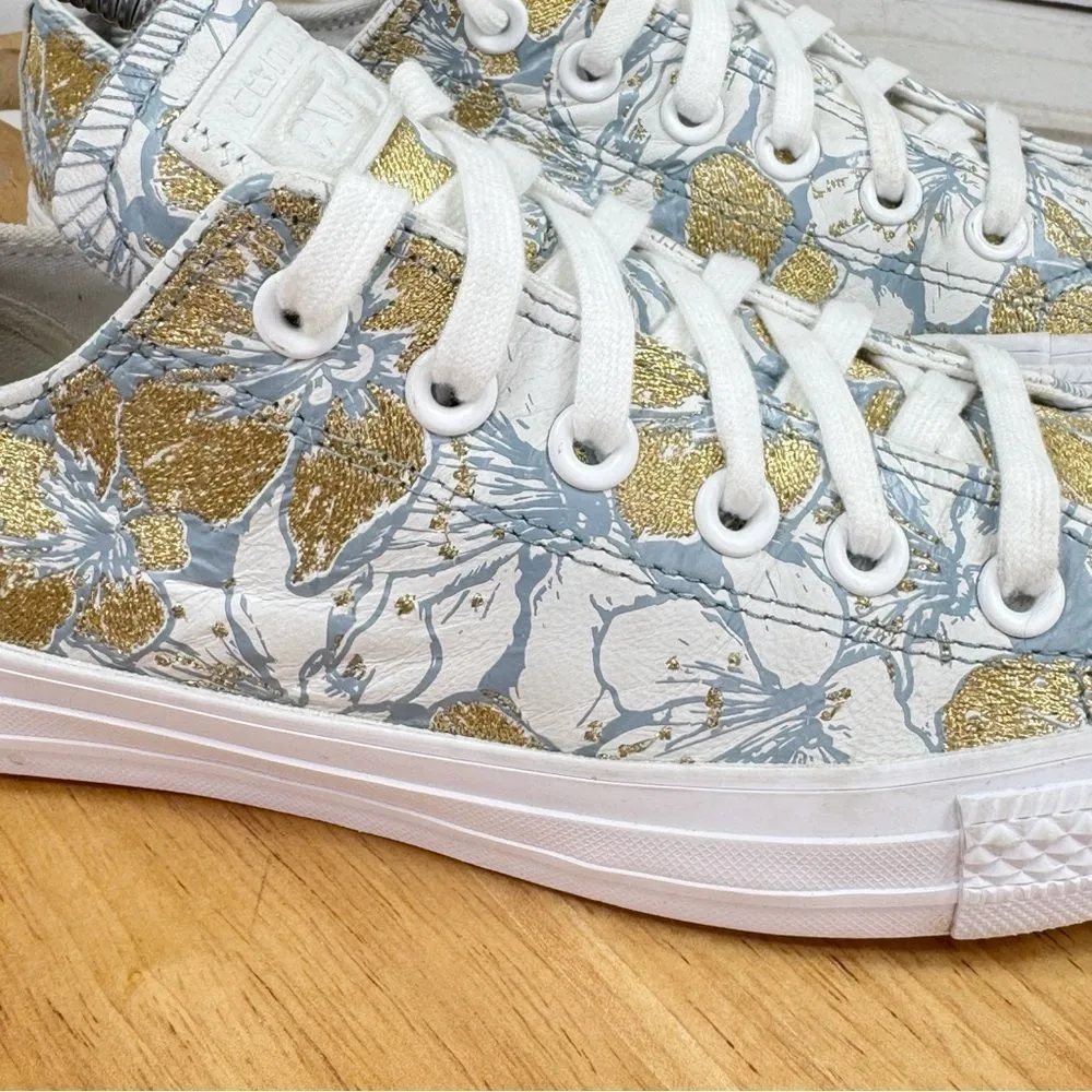 Converse Pat Bo Chuck Taylor Ox Floral Embroidered Leather Sneakers Blue Gold 8 - Image 7