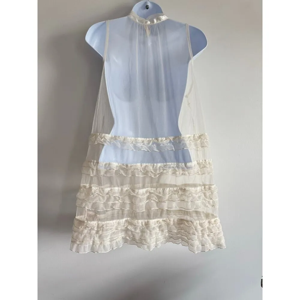 Free People Ivory Sheer Mesh Ruffle Tunic Mini Dress XS Romantic Boho Festival - Image 2