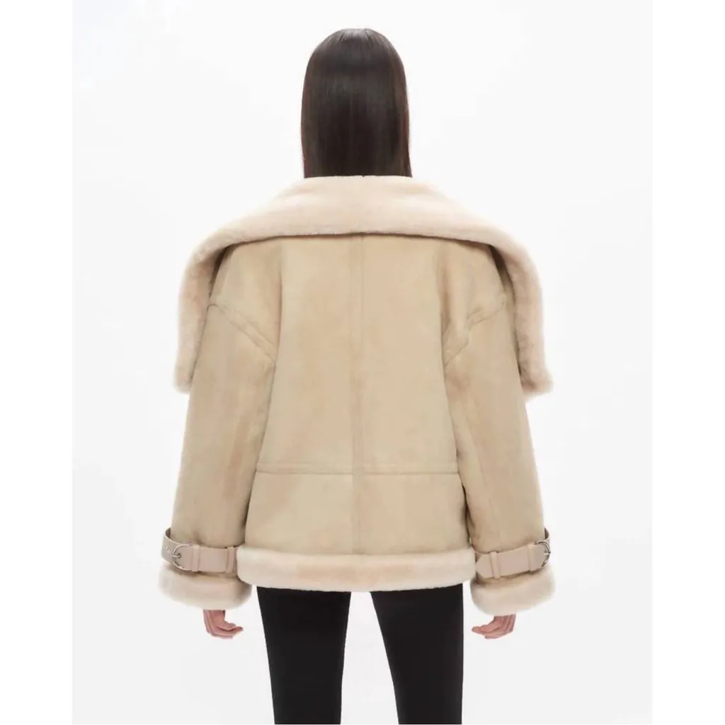 Shoreditch Ski Club Darling Shearling Coat In Natural White Tan Size XS - Image 4