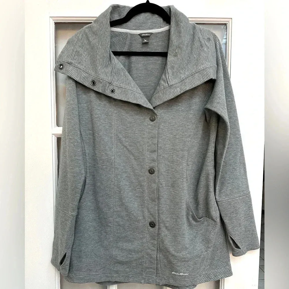 Eddie Bauer Knit Outdoors Blue Grey Stripe Snap Button Down Jacket Size L Large - Image 13