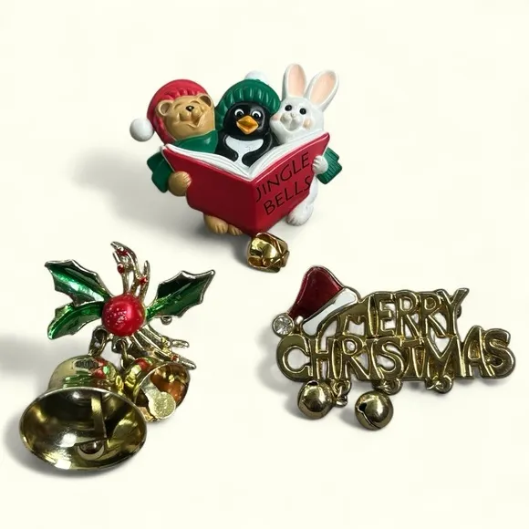 Vintage Rare bundle of Three holiday pins with bells, costume, Christmas, festiv Gold - Image 2