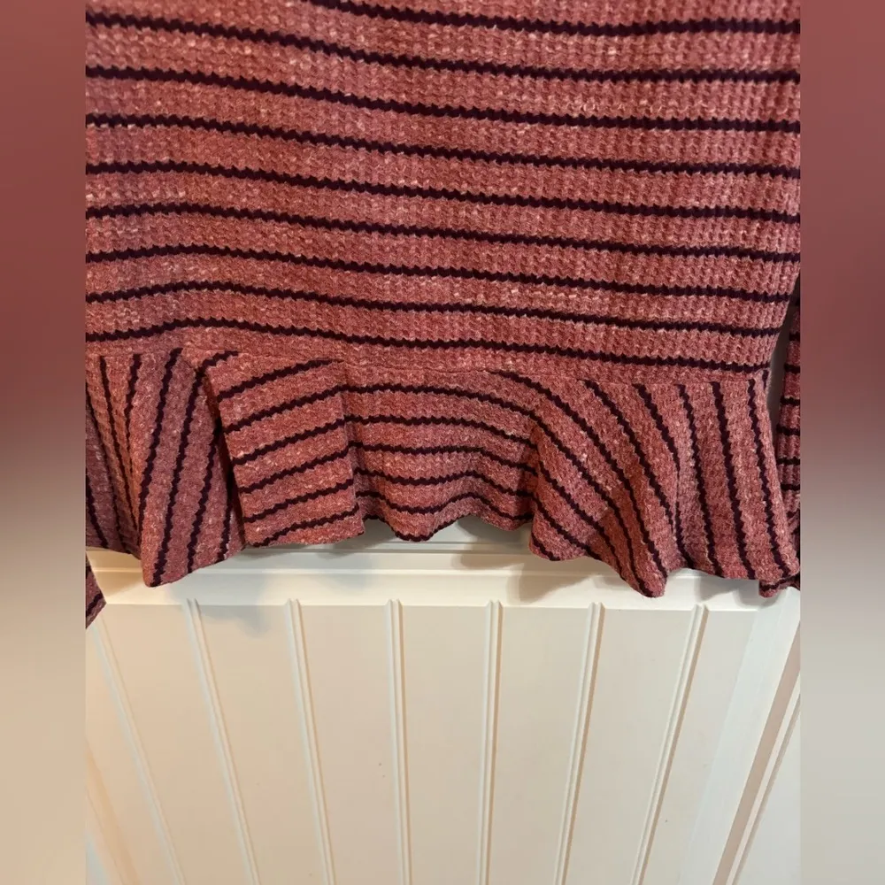 We The Free Maroon Striped Long Sleeve Peplum Top - Image 3