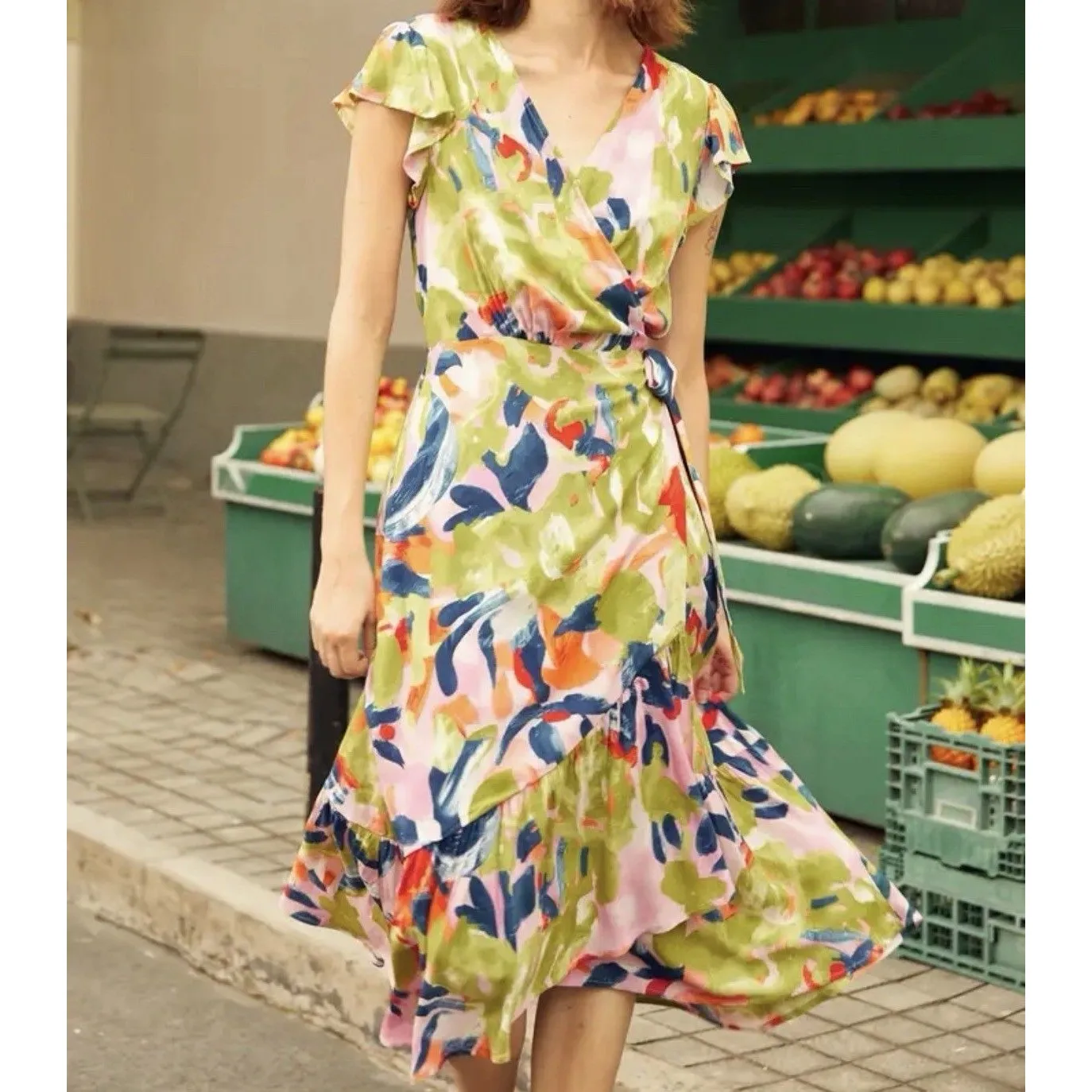 ModCloth Wrap Dress Womens 2X Colorful Abstract Print Midi Ruffle Cap Sleeves - Image 2