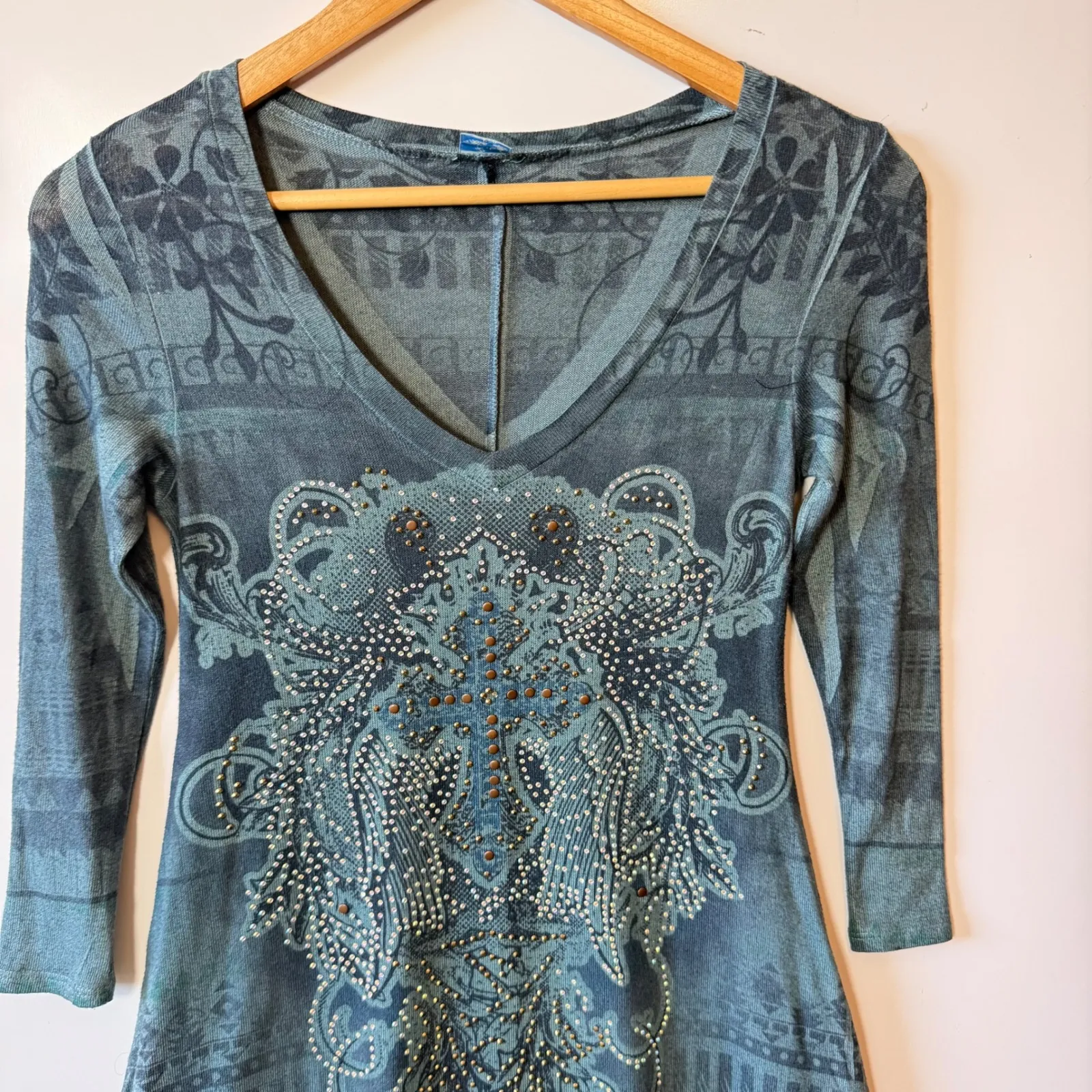 R Rouge Vintage Women Teal Embellished V Neck 3/4 Sleeve Tunic Top Shirt Dress S Gray - Image 7