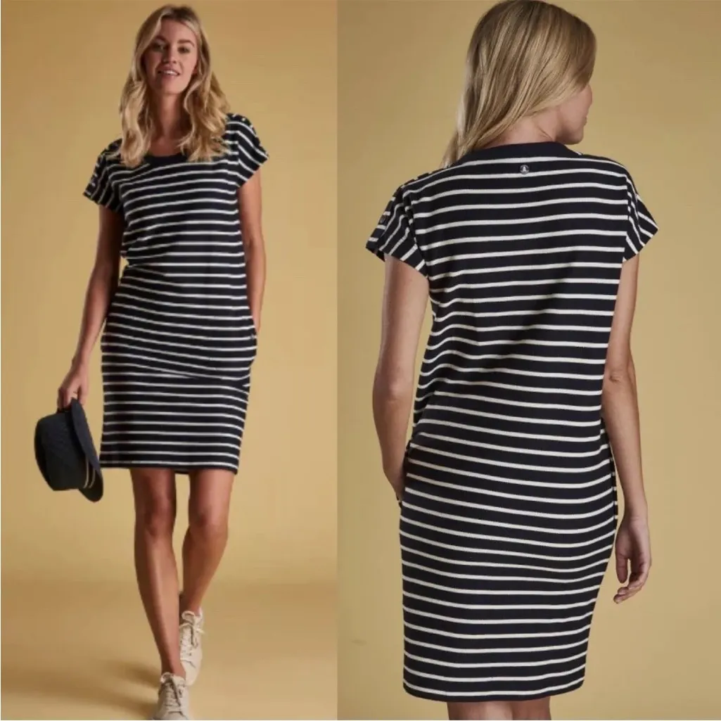 Barbour Sailboat Nautical Navy‎ Blue Striped Short Sleeve Dress 4 - Image 2