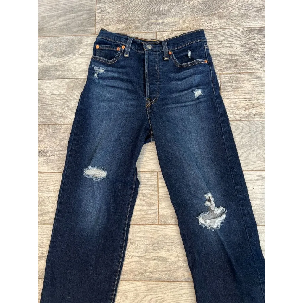 Levi Strauss Denim Jeans Ribcage Straight Ankle‎ size 27 Button Fly Distressed - Image 5