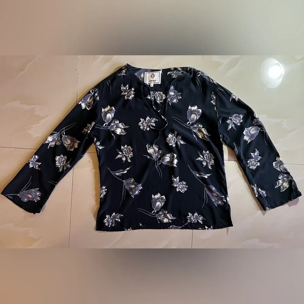DASLU SAO PAOLO BLOUSE 100*% SILK black floral long sleeve LIGHTWEIGHT top Ss M Size M - Image 3