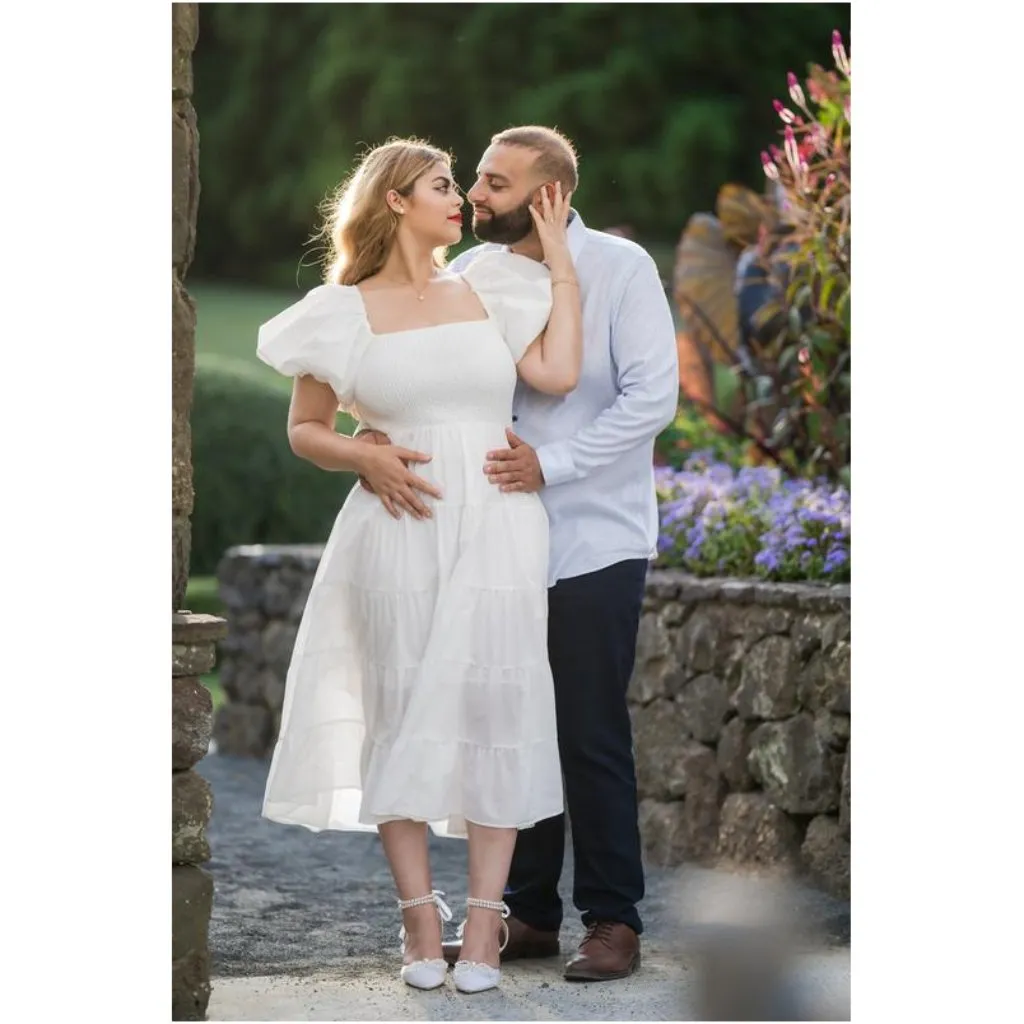 PETAL & PUP Annette Puff Sleeve Midi A-Line Dress in White Size Small - Image 4