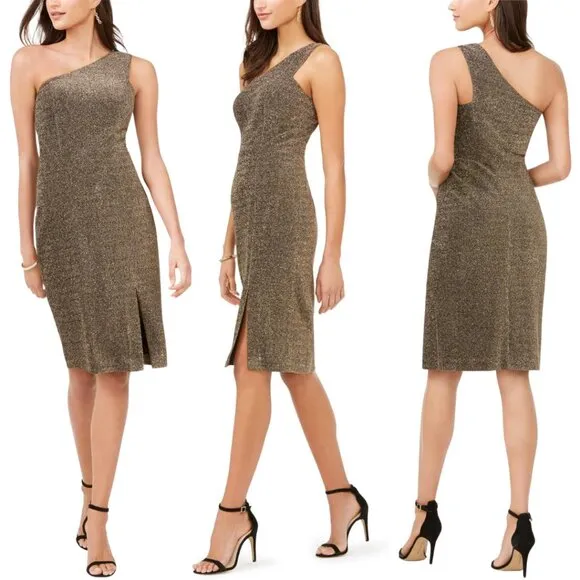 Vince Camuto One Shoulder Glitter Knee Length Dress Womens 12 Gold Slit Cocktail - Image 2