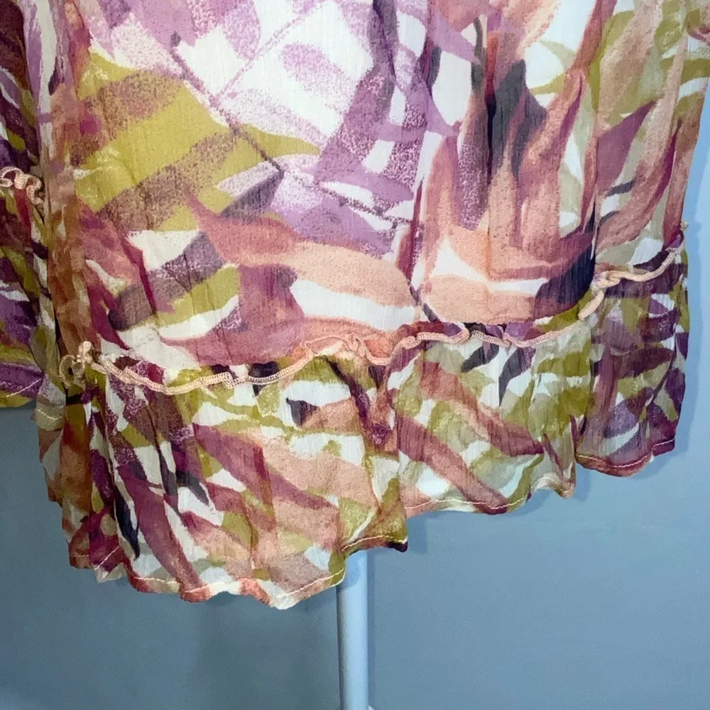 Lucky Brand Tan/Lavender Leaf Print Chiffon Off Shoulder Long Sleeve Top Large - Image 5