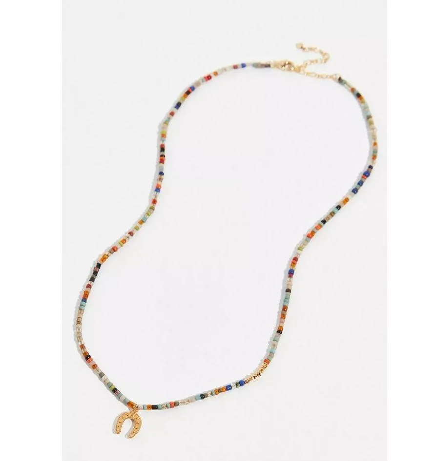 Free People Tai Handmade Beaded Necklace Horseshoe Charm Gold Plated Brass NEW - Image 3
