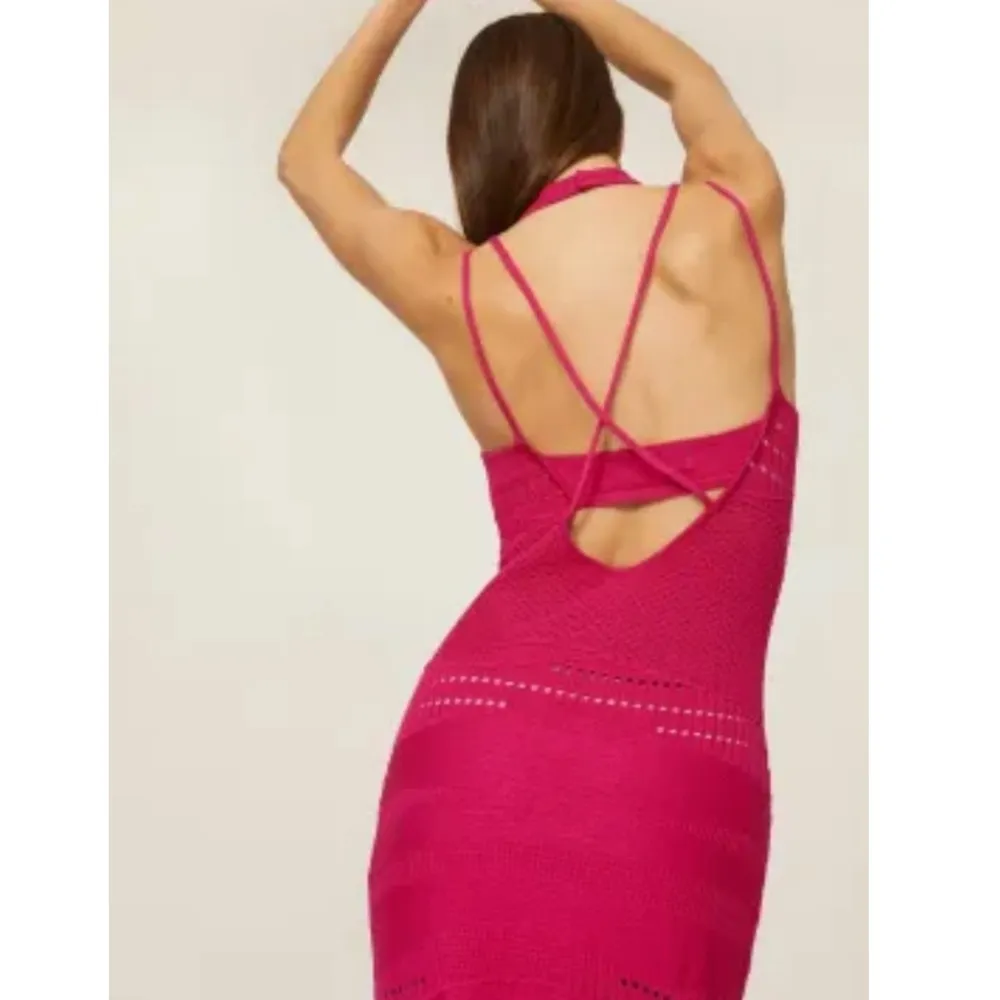 Esteban Cortazar Collective Stretchy Midi Dress Hot Pink Crochet Wedding Guest L - Image 4